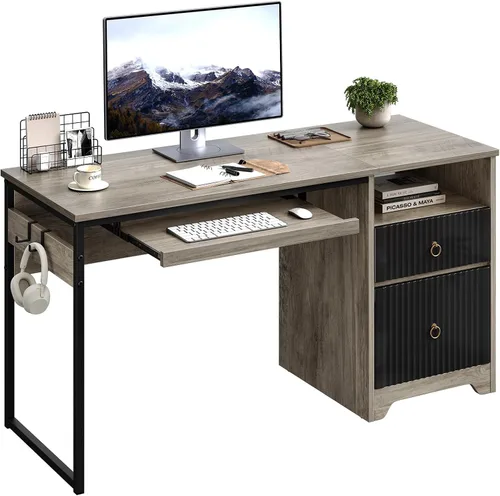 Vista 11 de Bestier - Escritorio de computadora de 48 pulgadas con cajones, escritorio de oficina con almacenamiento, escritorio de escritura de madera Cereza