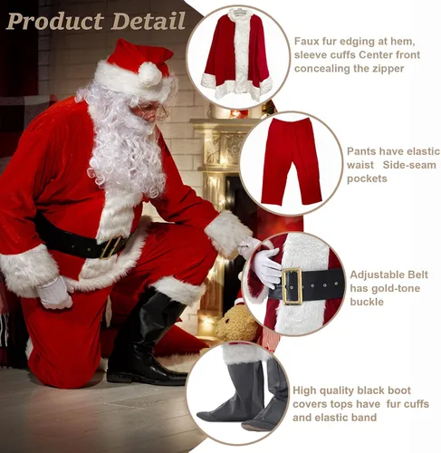 Vista 5 de Disfraz de Papá Noel para adultos y hombres, 11 piezas, color rojo, de lujo, clásico, terciopelo, para fiesta de Navidad, cosplay