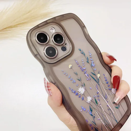 Vista 4 de Funda compatible con iPhone 15 Pro Max, bonita funda ondulada con flores transparentes, funda protectora estética floral de TPU suave para iPhone 15