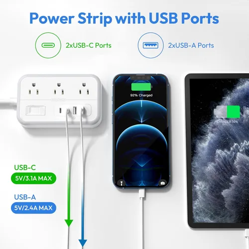 Vista 4 de NTONPOWER - Tira de alimentación con 6 salidas 4 estación de carga USB (2 puerto USB C), cable de extensión de enchufe plano de 5 pies, extensor