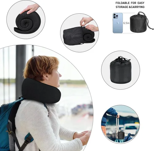 Vista 4 de Almohadas de viaje para el cuello para aviones, almohada cómoda de espuma viscoelástica, diseño ergonómico compacto, esenciales para dormir