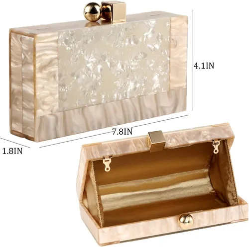 Vista 3 de Bolso de mano de acrílico para mujer, bolso de mano de mármol con purpurina para boda, cóctel, fiesta, baile de graduación, Beige, 7.8"x4.1"x1.8