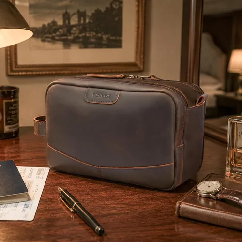 Vista 2 de Polare - Neceser de cuero de grano completo, kit de afeitado, estuche de viaje, bolsa de lavado con cremalleras YKK A- marrón oscuro