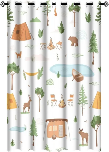 Vista 11 de Cortinas abstractas con estampado de cámper de caricaturas, divertido tema de aventura, campamento, montañas, vida silvestre, oso, tratamiento