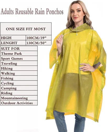 Vista 37 de Ponchos de lluvia reutilizables con capucha con cordón para adultos, abrigo de lluvia grueso impermeable, 2 paquetes
