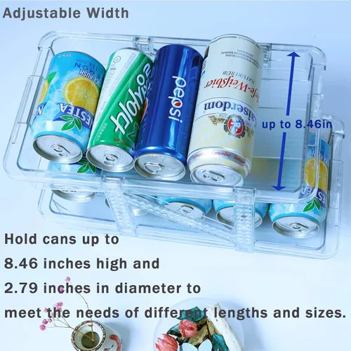 Vista 2 de Paquete de 2 dispensadores de latas de soda para refrigerador, organizador de latas de soda de ancho ajustable, organizador apilable de bebidas