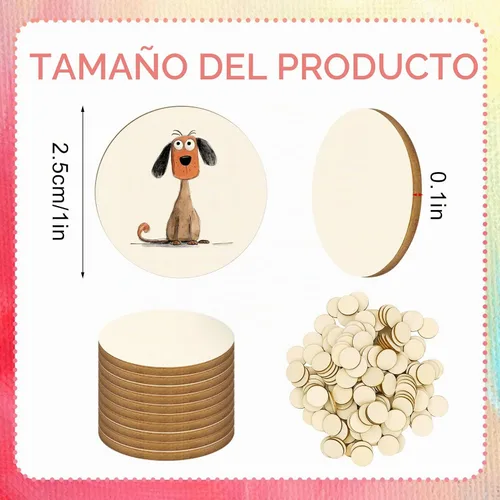Vista 2 de 100 piezas de círculos de madera sin terminar - disco redondo de 1 pulgada en blanco, adornos de madera natural cortados para decoración
