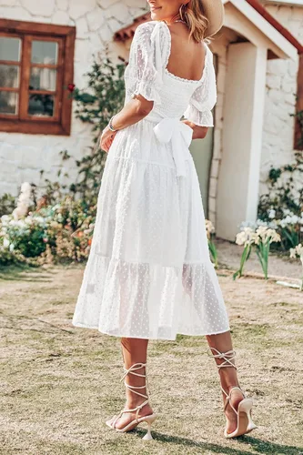 Vista 2 de MEROKEETY - Vestido de verano con lunares suizos para mujer vestido midi con cuello cuadrado, mangas abombadas, volados, lazo en la espalda
