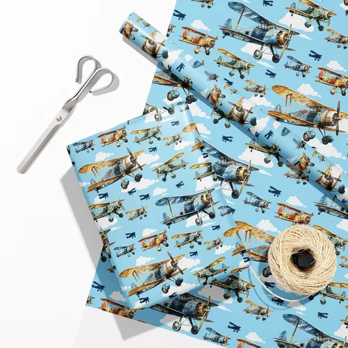 Vista 3 de Dtiafu Rollo de papel de regalo de avión – Envoltura de regalo de aviones vintage con diseño de nube de cielo azul para niños, baby shower