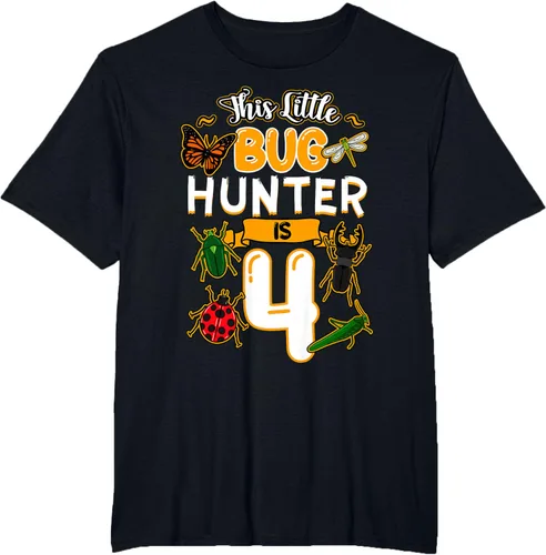 Vista 35 de Camiseta de fiesta de cumpleaños de insectos de este cazador de insectos de 4 años, Negro, S