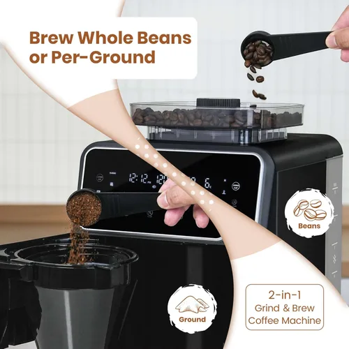 Vista 2 de Gevi Cafetera de goteo de 10 tazas con molinillo integrado, máquina de café combinada de moler y preparar rebabas con pantalla táctil, programable