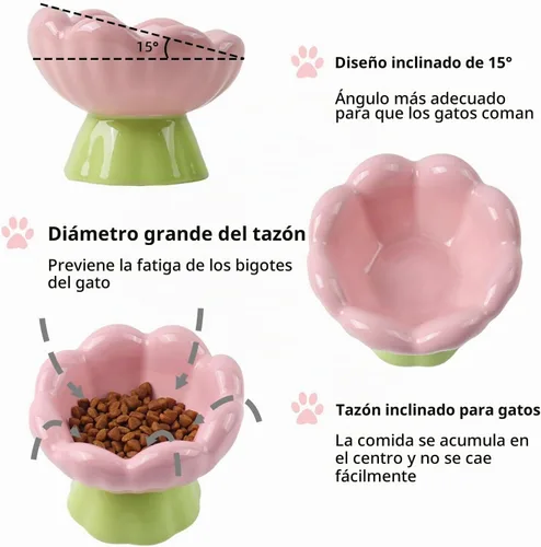 Vista 4 de DIF DECO - Cuenco elevado de cerámica para gatos, cuencos elevados de comida rosa para alimentos y agua, protege la columna vertebral y los bigotes