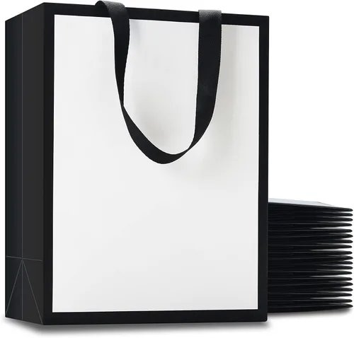 Vista 18 de Bolsas de regalo negras con asas, 10 bolsas de papel kraft de 5.25 x 3.75 x 8 pulgadas para bodas, fiestas, negocios, venta al por menor Negro