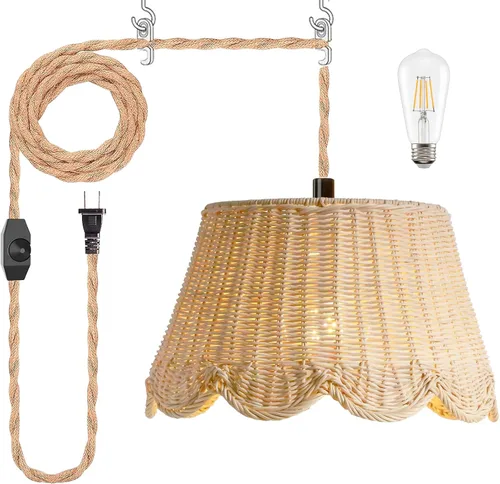Vista 2 de Lámpara colgante enchufable con bordes ondulados, luces colgantes de ratán con cable enchufable de 15 pies de cuerda de cáñamo, interruptor