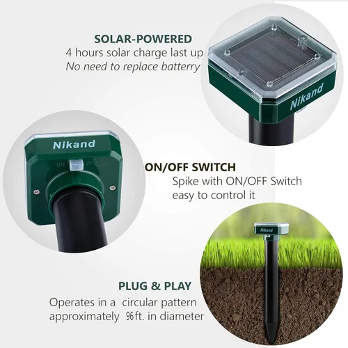 Vista 3 de Paquete de 2 estacas repelentes de topos – Repelente ultrasónico alimentado por energía solar – Disuasorio sónico de topos y campañoles para césped