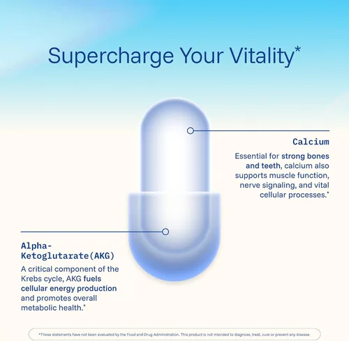 Vista 5 de ProHealth, Suplemento de Ca AKG (alfa cetoglutarato) (1,000 mg por porción de 2 cápsulas, 60 cápsulas). Apoya la función metabólica y los procesos