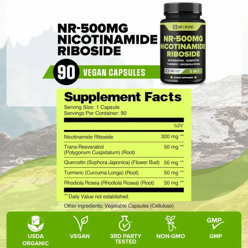 Vista 2 de WELBUDA Suplemento de ribósido de nicotinamida 5 en 1+ con resveratrol, quercetina, cúrcuma, Rhodiola Rosea - 90 unidades durante 90 días