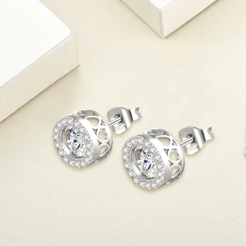 Vista 5 de YL Aretes redondos de plata de ley con forma de halo y diamante bailarín, aretes solitarios para mujer