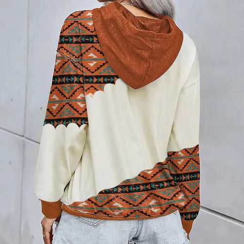 Vista 4 de Lanaoree Sudadera con Capucha Pullover para Mujer con Estampado Geométrico de Caballo Azteca Vaquera Occidental Étnica con Estampado de Rombos