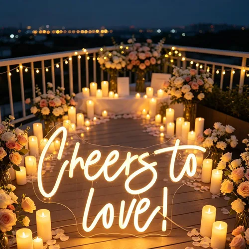 Vista 2 de QiaoFei Letrero LED de neón con texto en inglés «Cheers To Love» alimentado por USB con regulador de intensidad, luces de neón para habitación