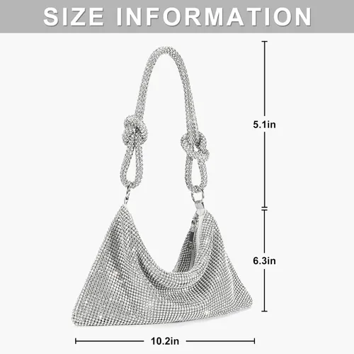Vista 6 de Monederos con diamantes de imitación para mujer, elegante bolso de noche brillante, bolso de mano plateado brillante para fiesta