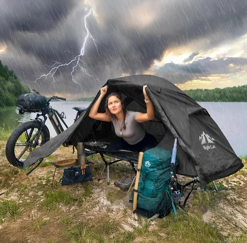Vista 6 de Night Cat Tienda de campaña para cuna – Impermeable 1 persona fuera del suelo Combo cama para adultos portátil fácil instalación tienda negro 31.5