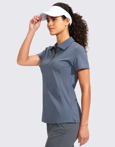 Vista 4 de Viodia Camisa de golf para mujer, manga corta, con cremallera, de secado rápido, elástica, con cuello de tenis, ropa de golf