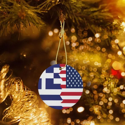Vista 5 de Bandera griega de Estados Unidos, adornos de cerámica para colgar, adorno colgante de Navidad personalizado para decoración del hogar