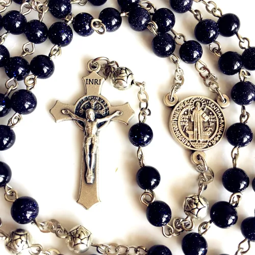 Vista 4 de elegantmedical HECHOS A MANO CUENTOS DE ORACIÓN DE arenisca azul & ROSA PLATA ROSA ROSARIO ITALIA CRUZ, Plata
