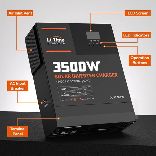 Vista 2 de LiTime Inversor híbrido solar de 3500 W, cargador de inversor solar todo en uno de 48 V CC a 120 V CA, controlador de carga MPPT integrado de 80 A