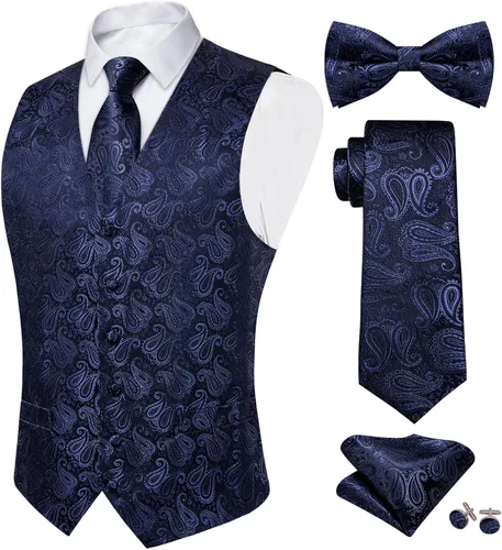 Vista 15 de DiBanGu Conjunto de 5 chalecos de seda con corbata y corbatín para hombre Paisley oro negro