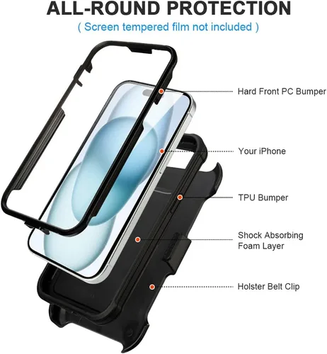 Vista 2 de para Funda Defender iPhone 13 con Clip, para Funda Holster iPhone 13 con Soporte, para Funda Resistente iPhone 13 de Dos Capas de Protección, Negro