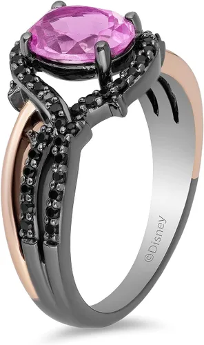 Vista 4 de Jewelili Enchanted Disney Fine Jewelry - Anillo de oro rosa de 14 quilates sobre plata esterlina con rodio negro ovalado zafiro rosa creado y 14