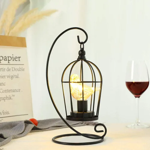 Vista 4 de JHY DESIGN Lámpara decorativa con forma de jaula para pájaros, funciona con pilas, de 13" de alto, luz de acento inalámbrica con luces de hadas