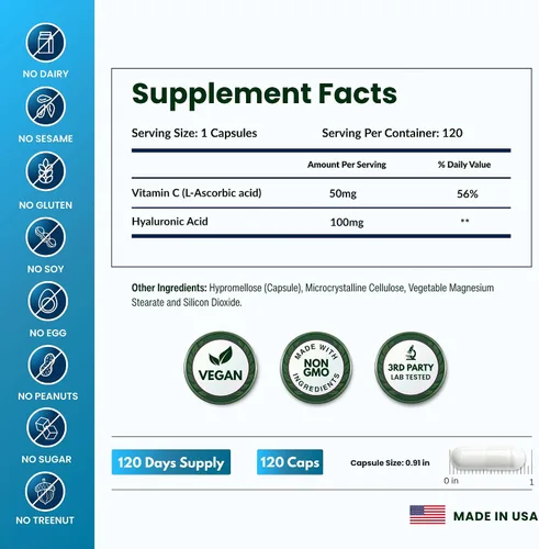 Vista 5 de ForestLeaf Suplementos de ácido hialurónico Cápsulas de polvo de ácido hialurónico dietético de 100 mg de alta biodisponibilidad + 50 mg de VIT C