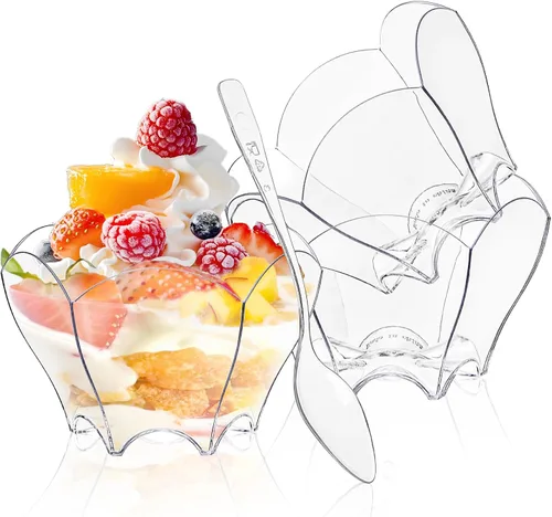 Vista 3 de Tebery Paquete de 100 mini tazas de postre Parfaits con 100 cucharas, cuenco pequeño transparente de 2.5 onzas para probar postres de fiesta