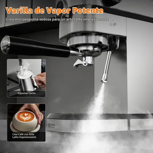 Vista 6 de Máquina de café expreso semiautomática de 20 bar con medidor de Plateado