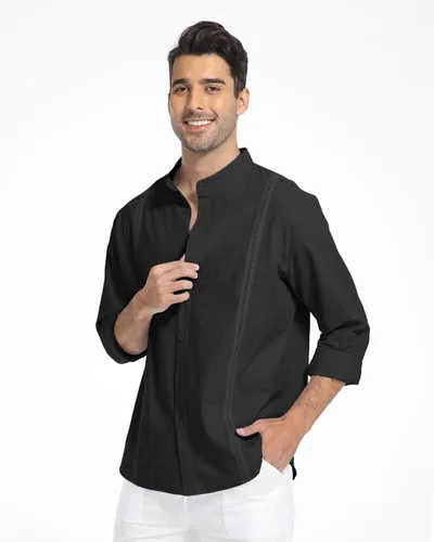 Vista 3 de SMIFCAALOR Camisas de algodón y lino de manga larga para hombre, con botones, para playa, yoga, informal, para verano