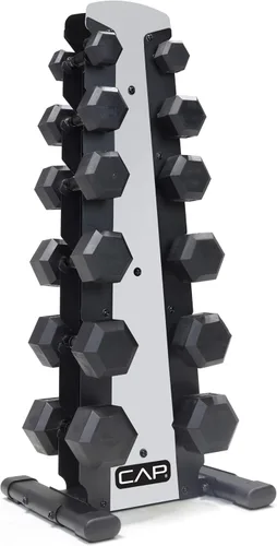Vista 18 de CAP Barbell Rubber Coated Dumbbell Weight Set with Vertical Rack 100 lb, 150 lb, and 210 lb Options