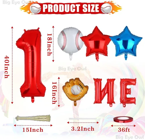 Vista 3 de Novato del año 1er cumpleaños decoraciones de béisbol papel de aluminio rojo número 1 globos conjunto de un primer cumpleaños suministros