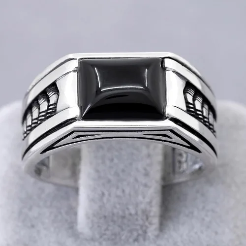 Vista 5 de Sterling Silver Rings for Men with Arrow Pattern, Anillos para Hombre, Mens Rings with Gemtone, Handmade Sterling Silver Rings with Onyx, Turquoise