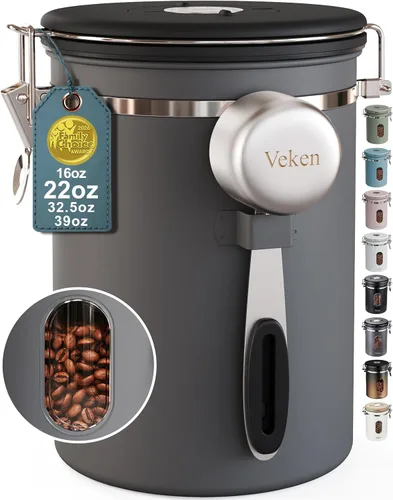 Vista 26 de Veken Recipiente de café con ventana, recipiente hermético de almacenamiento de alimentos de cocina de acero inoxidable con tapas, rastreador