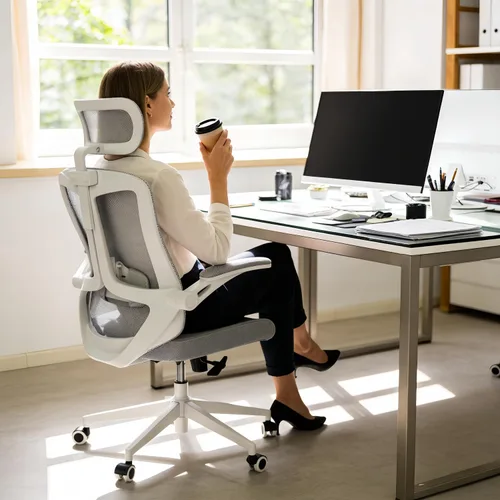 Vista 8 de Silla de oficina ergonómica, sillas de escritorio cómodas de 350 libras con reposacabezas ajustable y soporte lumbar para espalda, sillas de gris