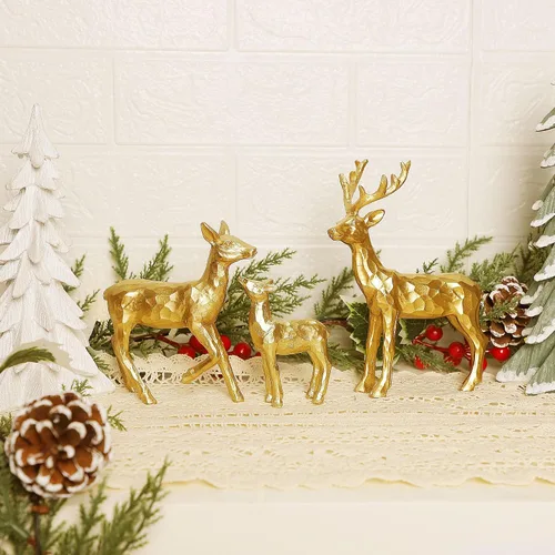 Vista 7 de Lulu Home 3 piezas de decoraciones de mesa navideñas, estatuillas familiares de renos dorados de resina con diversas posturas, adornos para centros