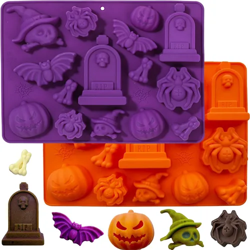 Vista 8 de Molde de chocolate de Halloween, 2 piezas de molde de silicona para hornear de Halloween, calabaza, murciélago, calavera, molde de silicona