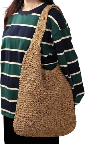 Vista 7 de CHIC DIARY Womens Handwoven Straw Shoulder Bag Large Summer Beach Handles Handbag Tote with Zipper