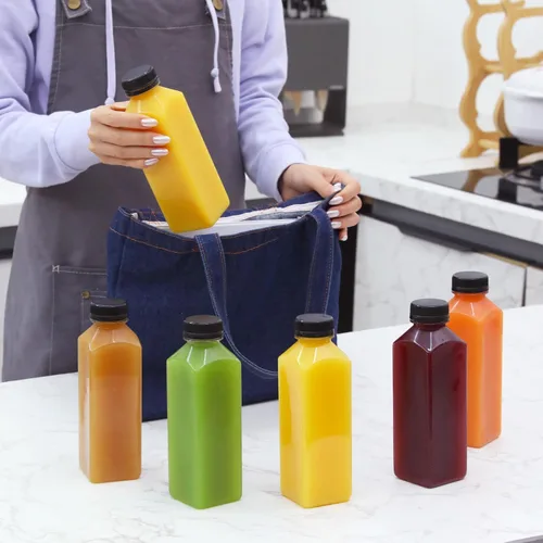 Vista 7 de The Buyer Choice - 144 recipientes de jugo de plástico de 16 onzas con tapas, botellas de jugo reutilizables a granel para jugo con tapas negras a