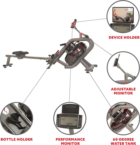 Vista 3 de Sunny Health & Fitness Sunny Health & Fitness AquaStrive Series Smart Water Rower, 300LB Capacity Plus Dynamic Hydro Resistance for Home Cardio