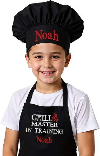 Vista 10 de Delantal bordado personalizado y sombrero de chef para niños y niñas, regalo divertido en la cocina (añade un juego de nombre, largo con sombrero)