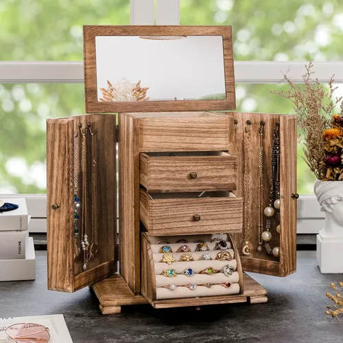 Vista 7 de Honiway Joyero para mujer con 6 compartimentos y espejo rústico de madera para collares pulseras aretes anillos regalos de cumpleaños